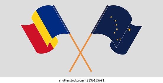 Crossed and waving flags of Romania and the State of Alaska. Vector illustration
