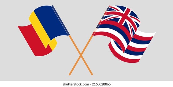 Crossed and waving flags of Romania and The State Of Hawaii. Vector illustration
