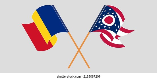 Crossed and waving flags of Romania and the State of Ohio. Vector illustration
