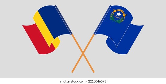 Crossed and waving flags of Romania and The State of Nevada. Vector illustration
