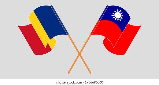 Crossed and waving flags of Romania and Taiwan