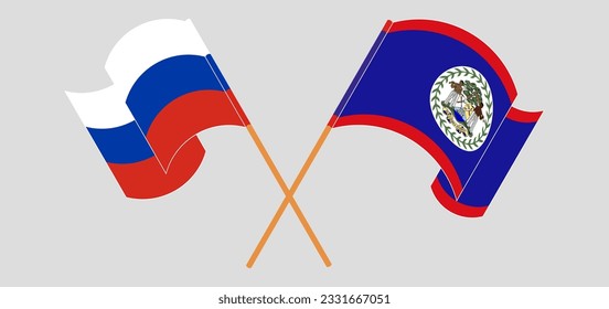 Crossed and waving flags of Russia and Belize. Vector illustration
