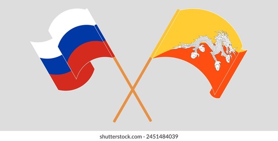 Crossed and waving flags of Russia and Bhutan. Vector illustration
