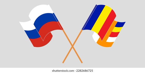 Crossed and waving flags of Russia and Buddhism. Vector illustration