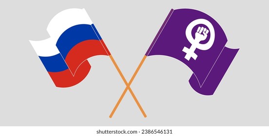 Crossed and waving flags of Russia and Feminism. Vector illustration
