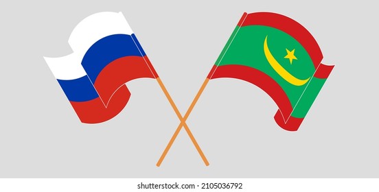Crossed and waving flags of Russia and Mauritania. Vector illustration
