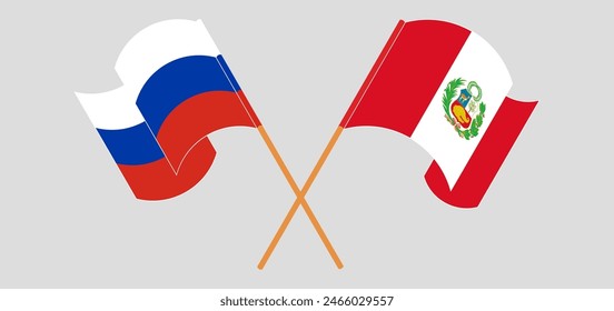 Crossed and waving flags of Russia and Peru. Vector illustration
