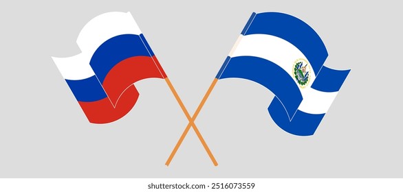 Bandeiras cruzadas e acenando da Rússia e República de El Salvador. Ilustração vetorial.
