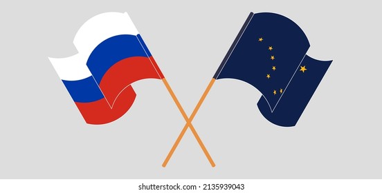 Crossed and waving flags of Russia and the State of Alaska. Vector illustration
