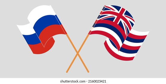 Crossed and waving flags of Russia and The State Of Hawaii. Vector illustration
