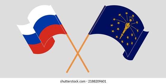 Crossed and waving flags of Russia and the State of Indiana. Vector illustration
