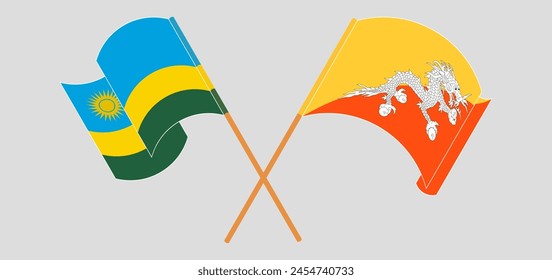 Crossed and waving flags of Rwanda and Bhutan. Vector illustration
