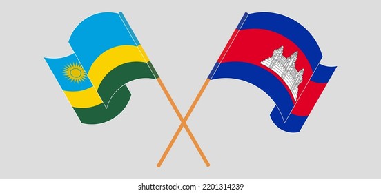 Crossed and waving flags of Rwanda and Cambodia. Vector illustration
