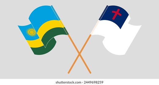 Crossed and waving flags of Rwanda and christianity. Vector illustration