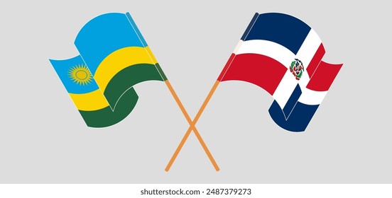 Crossed and waving flags of Rwanda and Dominican Republic. Vector illustration
