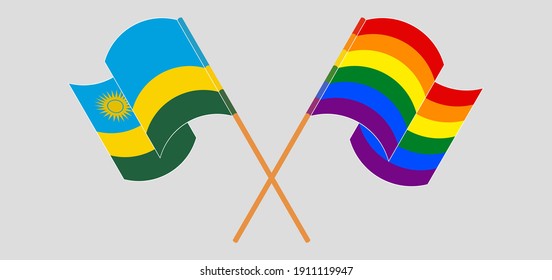 Crossed and waving flags of Rwanda and LGBTQ