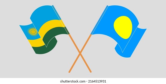 Crossed and waving flags of Rwanda and Palau. Vector illustration

