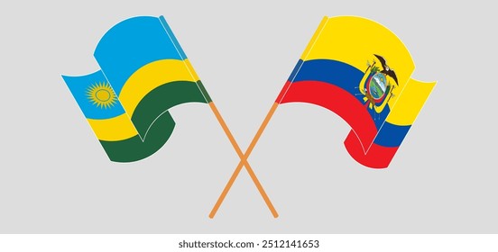 Banderas cruzadas y ondeando de Ruanda y República del Ecuador. Ilustración vectorial
