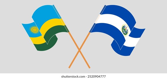 Bandeiras cruzadas e acenando de Ruanda e República de El Salvador. Ilustração vetorial.
