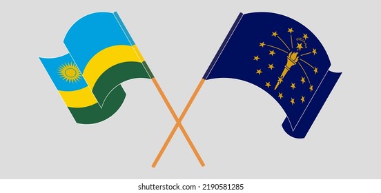 Überquerte und wehende Flaggen Ruandas und des Bundesstaates Indiana. Vektorgrafik
