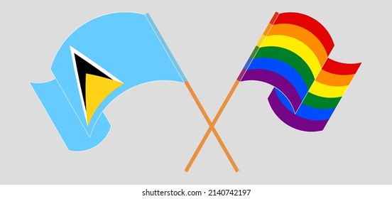 Crossed and waving flags of Saint Lucia and LGBTQ. Vector illustration
