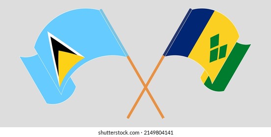 Crossed and waving flags of Saint Lucia and Saint Vincent and the Grenadines. Vector illustration
