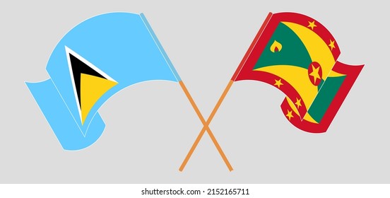 Crossed and waving flags of Saint Lucia and Grenada. Vector illustration
