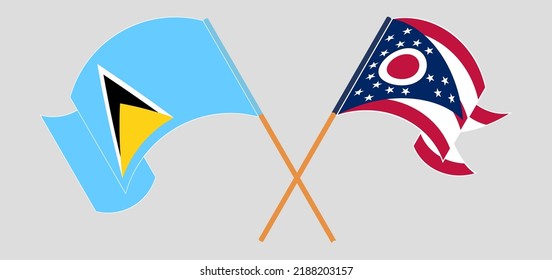 Crossed and waving flags of Saint Lucia and the State of Ohio. Vector illustration
