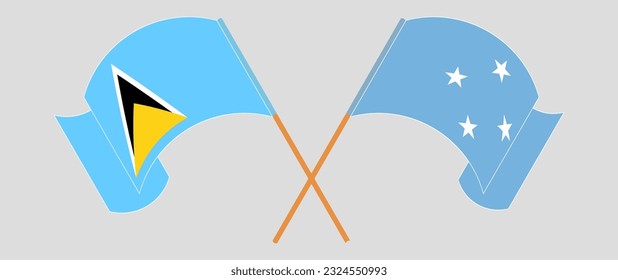 Crossed and waving flags of Saint Lucia and Micronesia. Vector illustration
