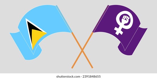 Crossed and waving flags of Saint Lucia and Feminism. Vector illustration
