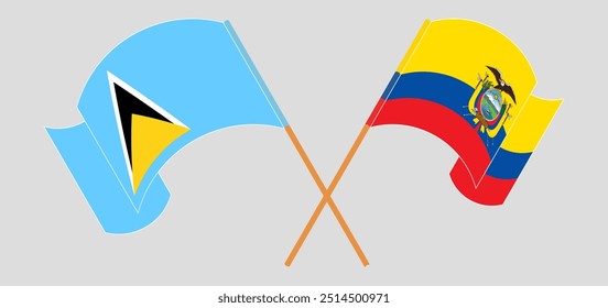 Crossed and waving flags of Saint Lucia and Republic of Ecuador. Vector illustration.
