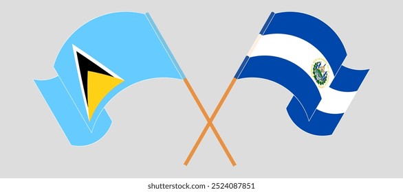 Crossed and waving flags of Saint Lucia and Republic of El Salvador. Vector illustration.
