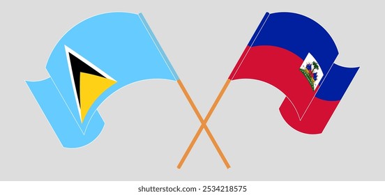 Banderas cruzadas y ondeando de Santa Lucía y la República de Haití. Ilustración vectorial.
