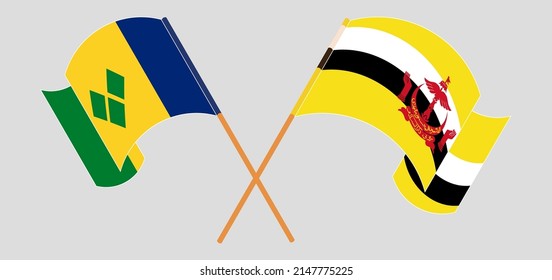 Crossed and waving flags of Saint Vincent and the Grenadines and Brunei. Vector illustration

