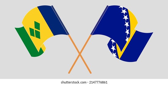 Crossed and waving flags of Saint Vincent and the Grenadines and Bosnia and Herzegovina. Vector illustration
