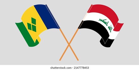 Crossed and waving flags of Saint Vincent and the Grenadines and Iraq. Vector illustration
