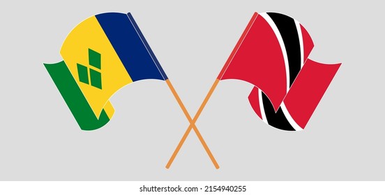 Crossed and waving flags of Saint Vincent and the Grenadines and Trinidad and Tobago. Vector illustration
