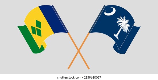 Banderas cruzadas y ondeando banderas de San Vicente y las Granadinas y el Estado de Carolina del Sur. Ilustración del vector
