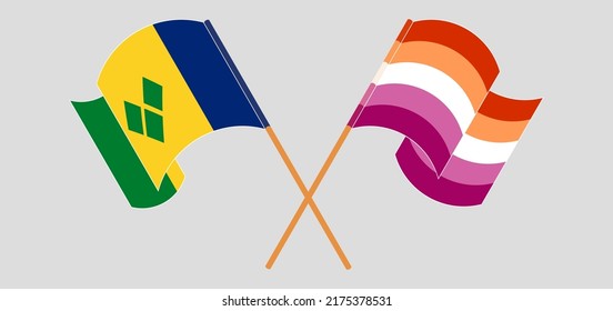 Crossed and waving flags of Saint Vincent and the Grenadines and Lesbian Pride. Vector illustration
