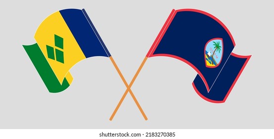 Überquerte und wehende Flaggen von St. Vincent und die Grenadinen und Guam. Vektorgrafik
