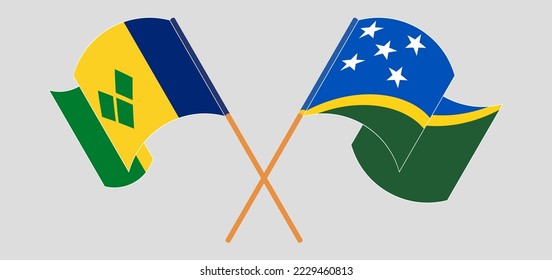 Crossed and waving flags of Saint Vincent and the Grenadines and Solomon Islands. Vector illustration
