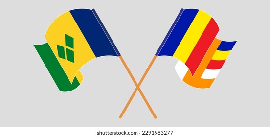 Crossed and waving flags of Saint Vincent and the Grenadines and Buddhism. Vector illustration

