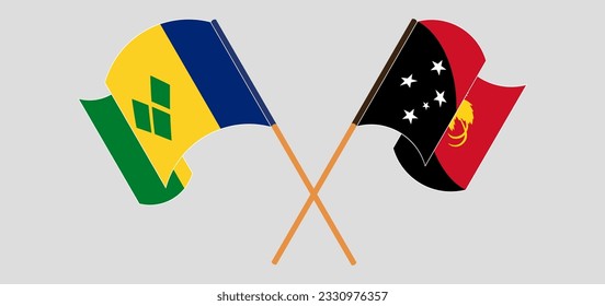 Crossed and waving flags of Saint Vincent and the Grenadines and Papua New Guinea. Vector illustration
