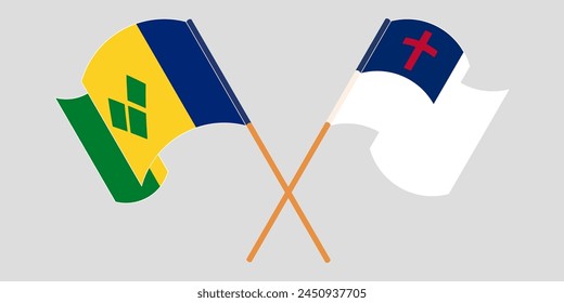 Crossed and waving flags of Saint Vincent and the Grenadines and christianity. Vector illustration
