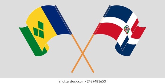 Crossed and waving flags of Saint Vincent and the Grenadines and Dominican Republic. Vector illustration
