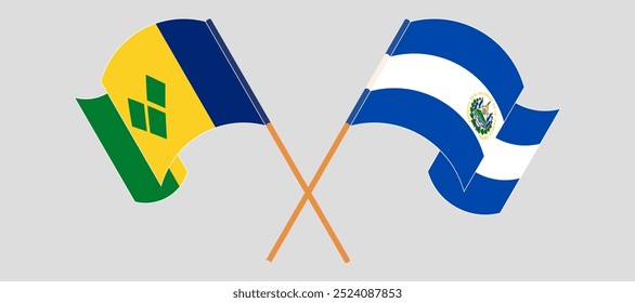 Crossed and waving flags of Saint Vincent and the Grenadines and Republic of El Salvador. Vector illustration.
