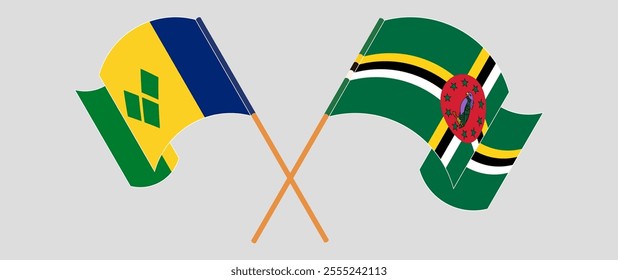 Crossed and waving flags of Saint Vincent and the Grenadines and Dominica. Vector illustration.
