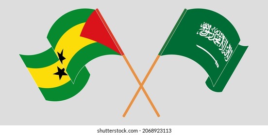 Crossed and waving flags of Sao Tome and Principe and the Kingdom of Saudi Arabia. Official colors. Correct proportion