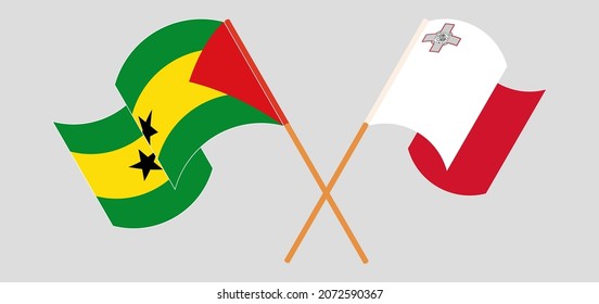 Crossed and waving flags of Sao Tome and Principe and Malta