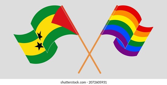 Crossed and waving flags of Sao Tome and Principe and LGBTQ